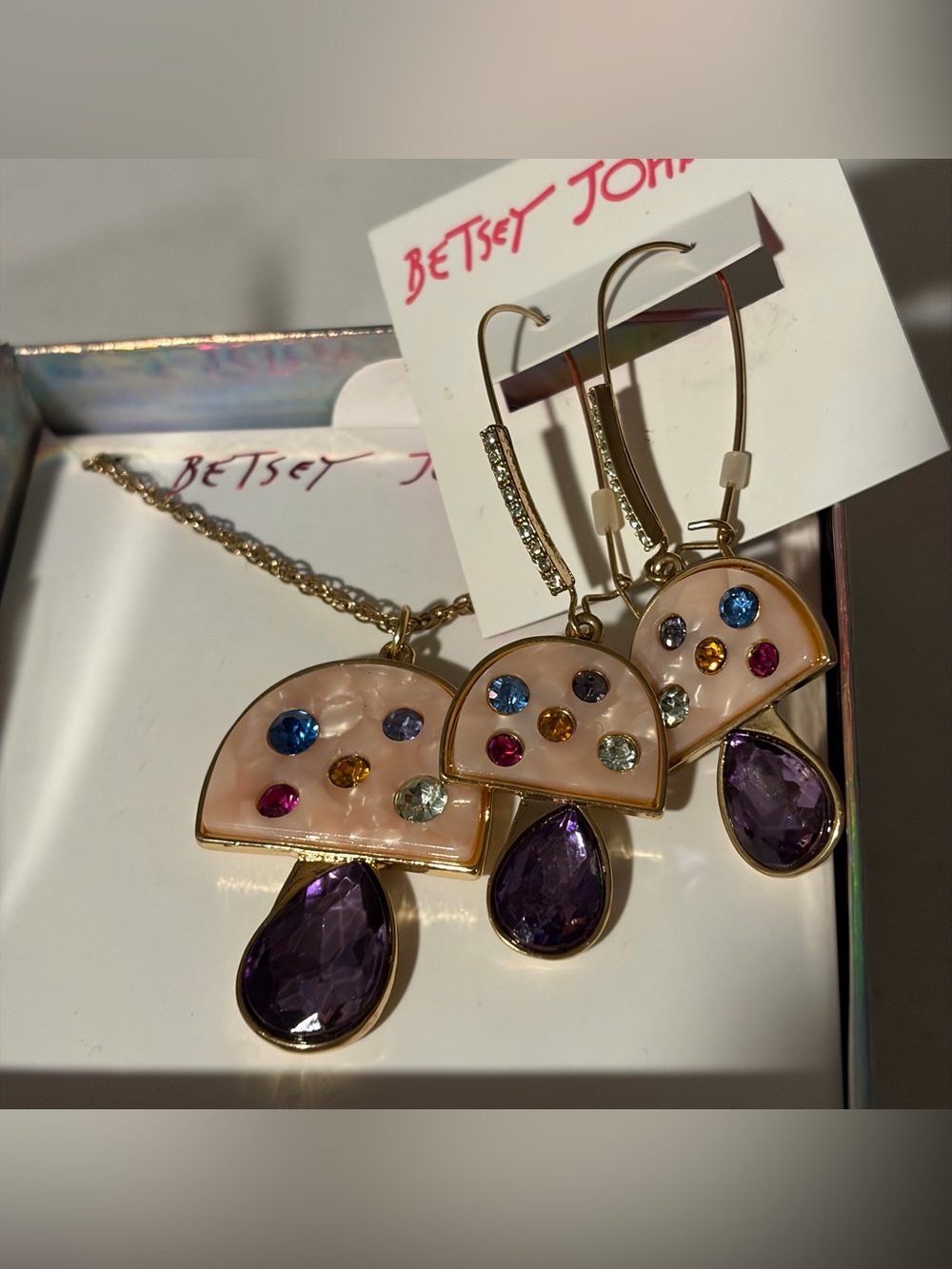 Betsey Johnson Pink Enamel & Purple Crystal Mushroom Necklace and Earrings Set